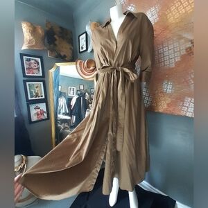 Zara Cotton Khaki Belted Maxi Shirt Dress